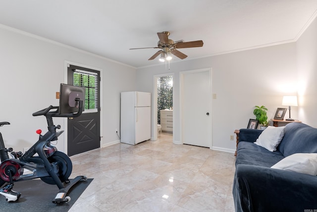 5623 Ridgeway Dr, Benton, AR 72019 - workout room featuring plenty of natural light, crown molding, a ceiling fan, light marble finish floors, and baseboards