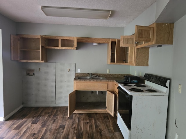 171 Riverbend Rd, Mammoth Spring, AR 72554 - kitchen featuring electric range, a sink, dark wood-style floors, a textured ceiling, and open shelves