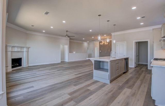 121 Majestic Cir, Maumelle, AR 72113 - kitchen featuring a sink, ornamental molding, stainless steel dishwasher, open shelves, and light countertops