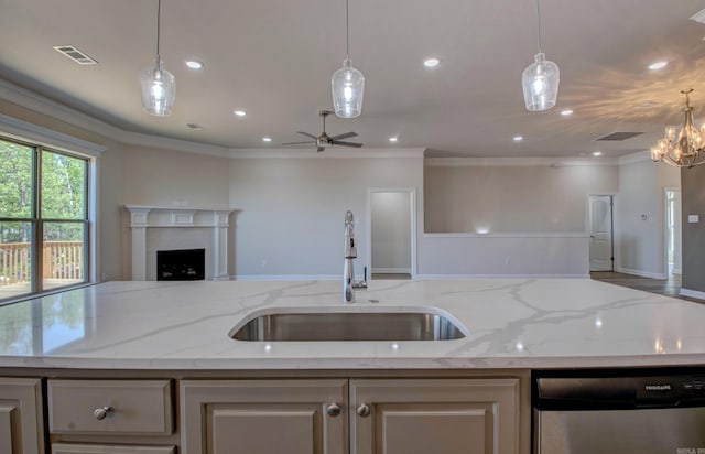 121 Majestic Cir, Maumelle, AR 72113 - kitchen with a sink, open floor plan, stainless steel dishwasher, crown molding, and ceiling fan