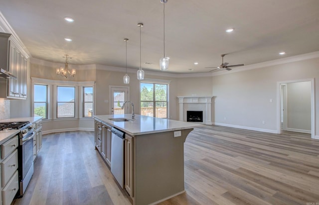 121 Majestic Cir, Maumelle, AR 72113 - kitchen with stainless steel appliances, a sink, ceiling fan, light wood-type flooring, and light countertops