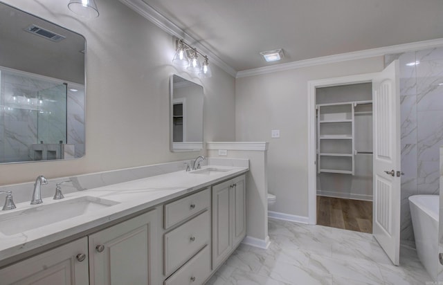 121 Majestic Cir, Maumelle, AR 72113 - full bathroom with a shower stall, marble look tile flooring, ornamental molding, a freestanding tub, and double vanity