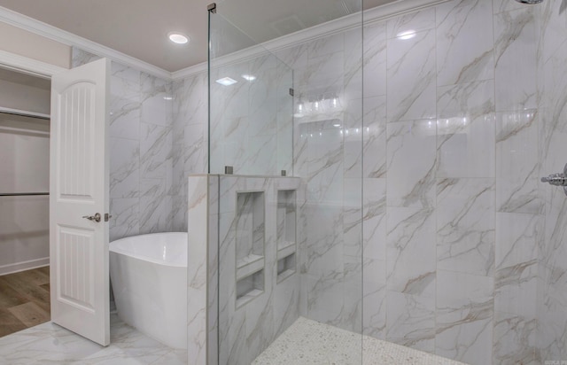 121 Majestic Cir, Maumelle, AR 72113 - bathroom featuring a soaking tub, a marble finish shower, ornamental molding, marble finish floors, and recessed lighting
