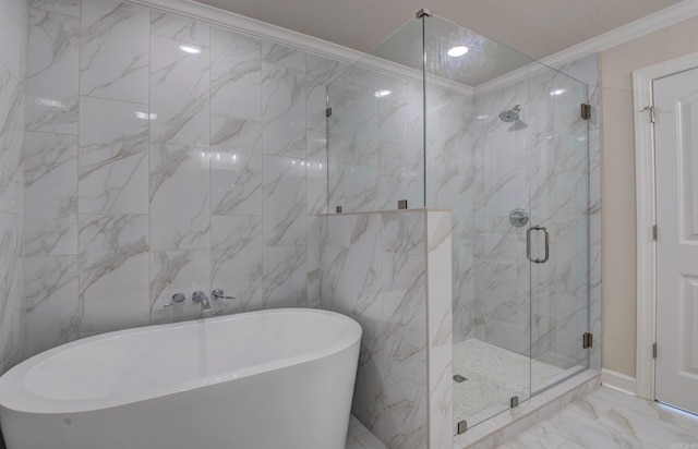 121 Majestic Cir, Maumelle, AR 72113 - bathroom with marble look tile flooring, a soaking tub, ornamental molding, and a marble finish shower