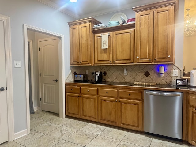 kitchen featuring dishwasher, crown molding, decorative backsplash, and brown cabinets