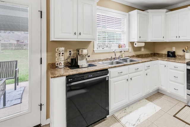 41 Winners Cir, Cabot, AR 72023 - kitchen with black dishwasher, a sink, ornamental molding, white cabinets, and light tile patterned floors