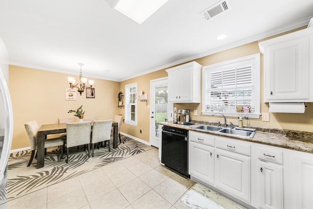 41 Winners Cir, Cabot, AR 72023 - kitchen with dishwasher, a sink, a chandelier, white cabinetry, and ornamental molding