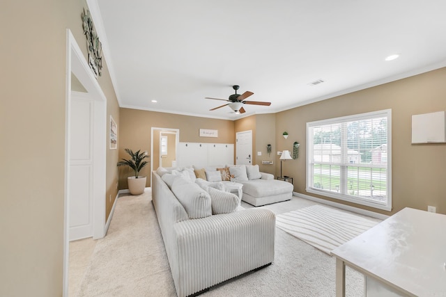 41 Winners Cir, Cabot, AR 72023 - living area with ceiling fan, baseboards, recessed lighting, light colored carpet, and crown molding