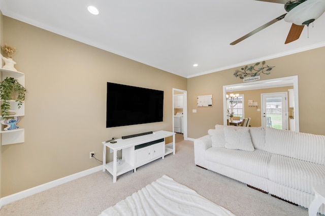 41 Winners Cir, Cabot, AR 72023 - living area with ornamental molding, carpet, washer and clothes dryer, ceiling fan, and baseboards