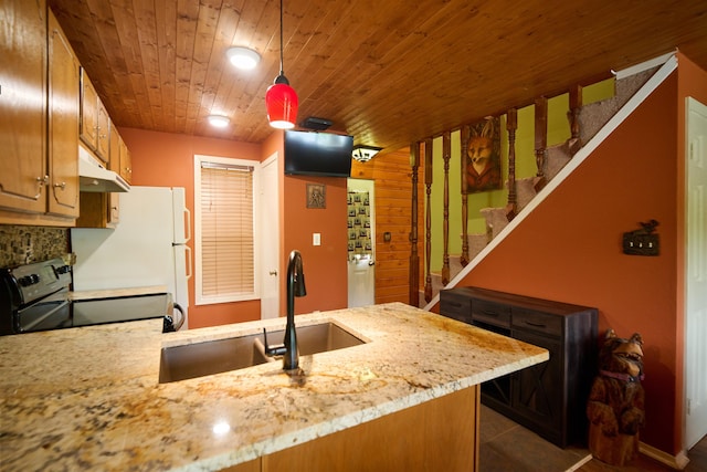 1 Kiwanie Crk, Cherokee Village, AR 72542 - kitchen featuring under cabinet range hood, a sink, black range with electric stovetop, a peninsula, and wood ceiling