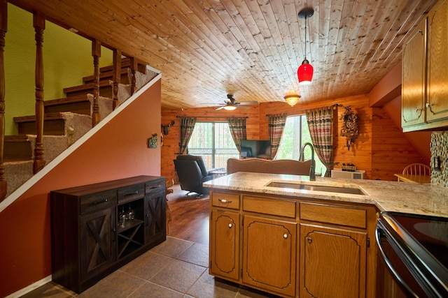 1 Kiwanie Crk, Cherokee Village, AR 72542 - kitchen with a sink, wooden walls, ceiling fan, wood ceiling, and brown cabinetry