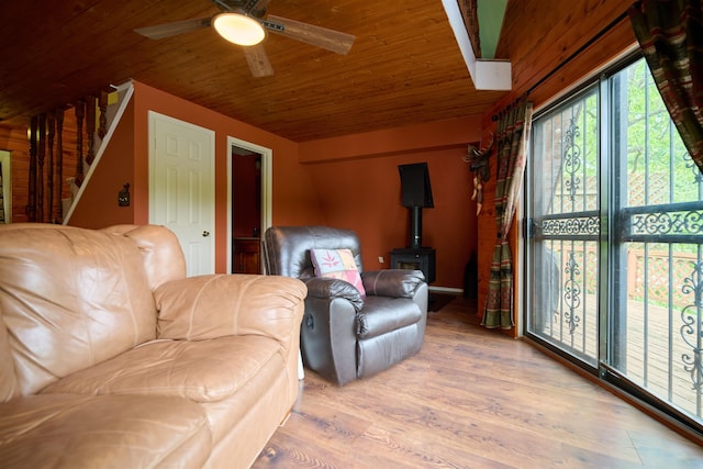 1 Kiwanie Crk, Cherokee Village, AR 72542 - living room featuring ceiling fan, wooden ceiling, wood finished floors, and a wood stove