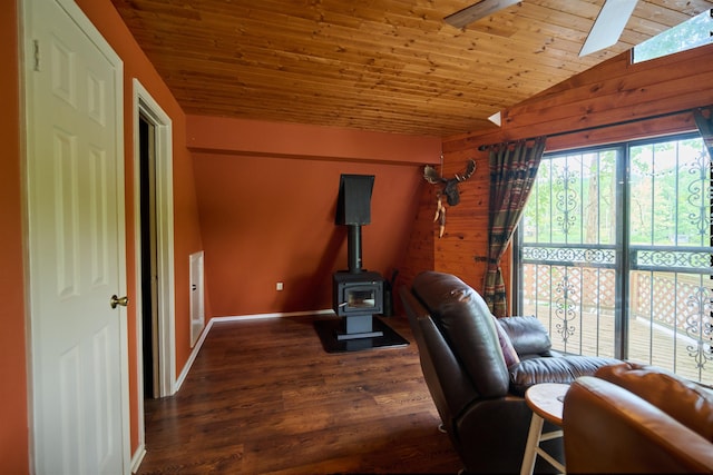1 Kiwanie Crk, Cherokee Village, AR 72542 - office area with a wood stove, vaulted ceiling, wood ceiling, dark wood finished floors, and baseboards