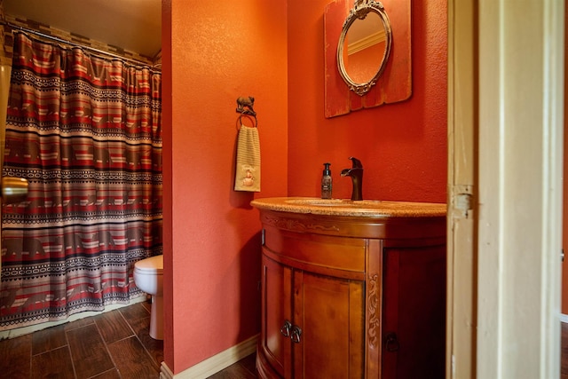 1 Kiwanie Crk, Cherokee Village, AR 72542 - full bathroom featuring vanity, toilet, a textured wall, curtained shower, and wood finished floors