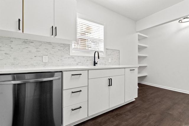 3113 W 11th, Little Rock, AR 72204 - kitchen with dishwasher, light countertops, white cabinets, dark wood-style floors, and open shelves