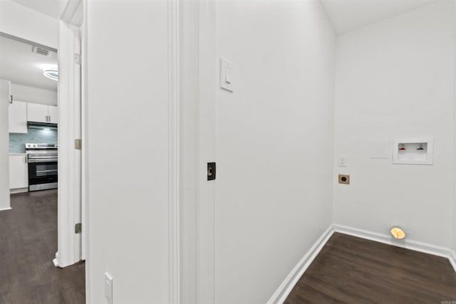 3113 W 11th, Little Rock, AR 72204 - laundry area with washer hookup, dark wood finished floors, electric dryer hookup, and baseboards