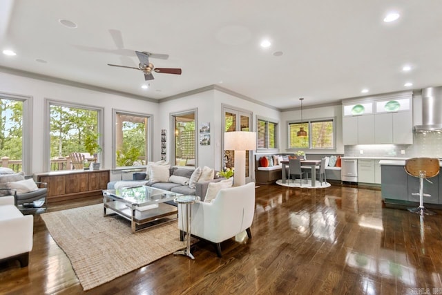 145 Cove Creek Ct, Little Rock, AR 72211 - living area with dark wood-style flooring, crown molding, a ceiling fan, and recessed lighting