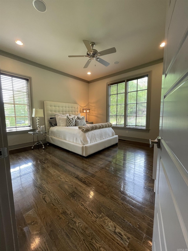 145 Cove Creek Ct, Little Rock, AR 72211 - bedroom with wood finished floors, baseboards, crown molding, recessed lighting, and a ceiling fan