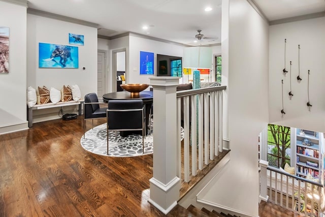 145 Cove Creek Ct, Little Rock, AR 72211 - living area featuring crown molding, recessed lighting, wood finished floors, a ceiling fan, and baseboards