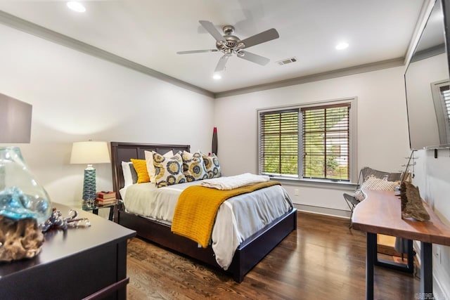 145 Cove Creek Ct, Little Rock, AR 72211 - bedroom featuring ornamental molding, dark wood finished floors, recessed lighting, and ceiling fan