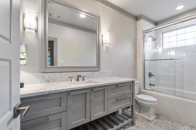 145 Cove Creek Ct, Little Rock, AR 72211 - full bathroom with ornamental molding, toilet, vanity, and enclosed tub / shower combo