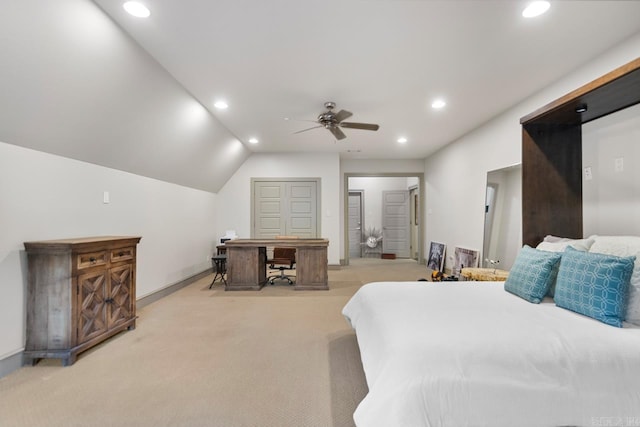 145 Cove Creek Ct, Little Rock, AR 72211 - bedroom featuring recessed lighting, light carpet, lofted ceiling, baseboards, and a ceiling fan
