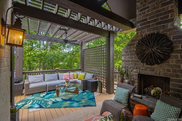 145 Cove Creek Ct, Little Rock, AR 72211 - wooden deck with an outdoor living space with a fireplace and a pergola