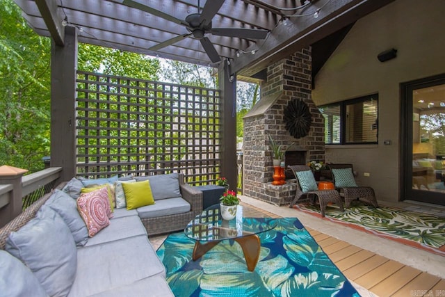145 Cove Creek Ct, Little Rock, AR 72211 - deck with an outdoor living space with a fireplace, a pergola, and a ceiling fan