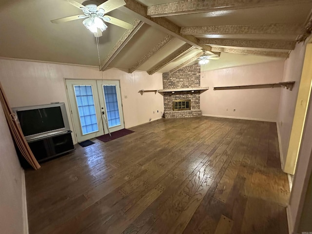 809 Emerald Gardens Dr, North Little Rock, AR 72118 - unfurnished living room featuring a ceiling fan, hardwood / wood-style flooring, french doors, and a brick fireplace