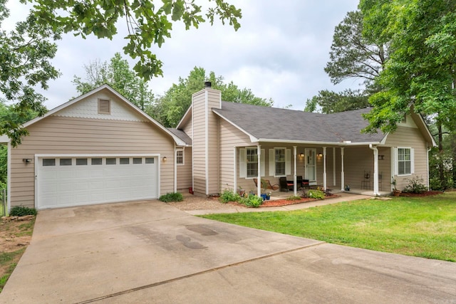 23 S Summit Dr, Cabot, AR 72023 - ranch-style house featuring covered porch, driveway, a front lawn, a garage, and a chimney