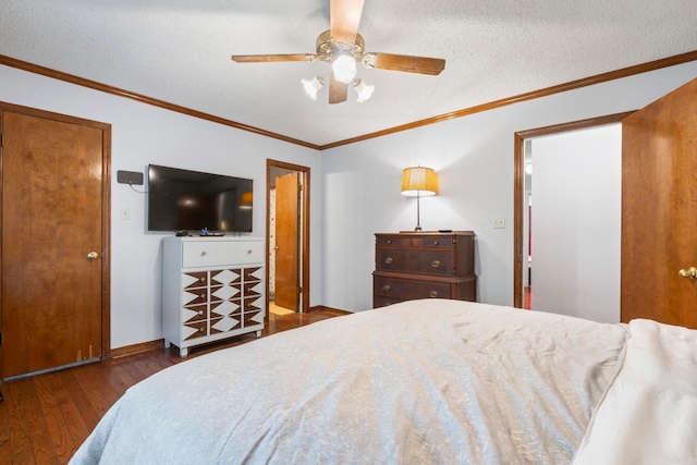 23 S Summit Dr, Cabot, AR 72023 - bedroom featuring wood finished floors, ornamental molding, baseboards, a textured ceiling, and ceiling fan