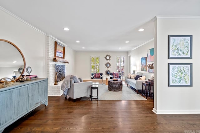 2820 N Rodney Parham Rd, Little Rock, AR 72212 - living area with a brick fireplace, wood finished floors, ornamental molding, and recessed lighting