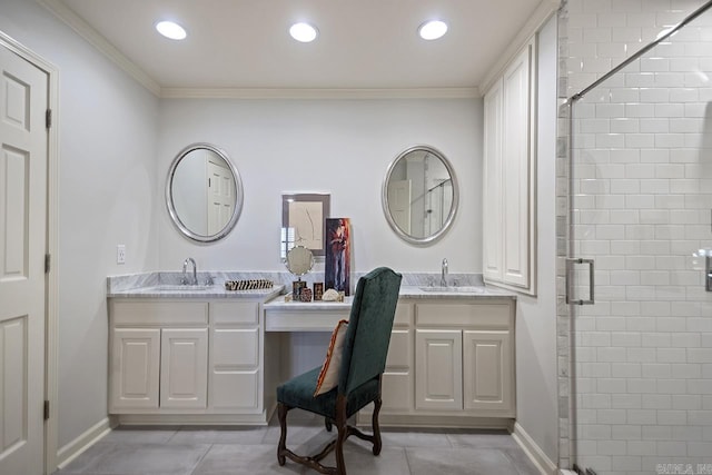 2820 N Rodney Parham Rd, Little Rock, AR 72212 - full bath featuring a stall shower, ornamental molding, two vanities, recessed lighting, and tile patterned flooring