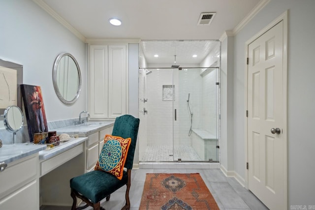2820 N Rodney Parham Rd, Little Rock, AR 72212 - full bathroom with a shower stall, vanity, tile patterned floors, recessed lighting, and crown molding