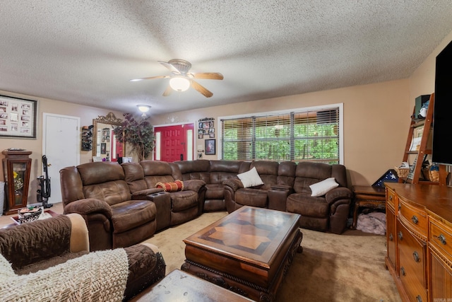 7104 Foxrun E End Dr, Mabelvale, AR 72103 - living area featuring a ceiling fan, light colored carpet, and a textured ceiling