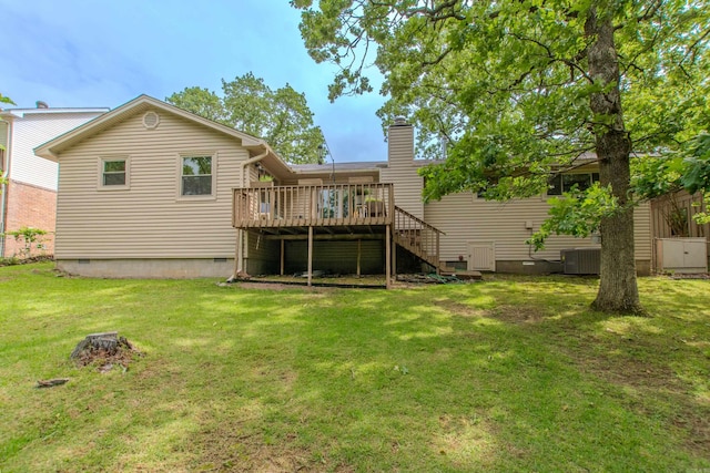 11583 Southridge Dr, Little Rock, AR 72212 - back of property featuring crawl space, a deck, a lawn, stairs, and a chimney