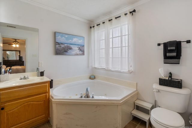 bathroom with connected bathroom, toilet, a tub with jets, vanity, and crown molding