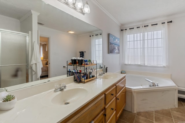 ensuite bathroom featuring double vanity, a bath, a shower stall, ornamental molding, and tile patterned flooring