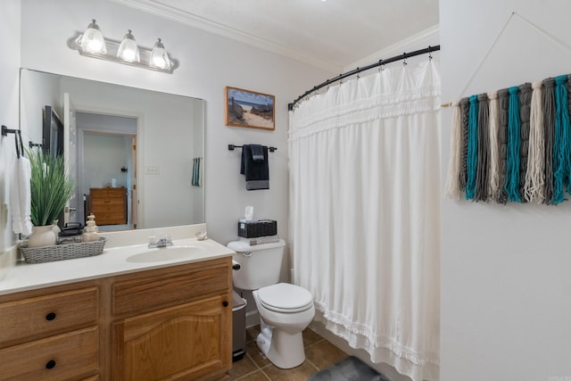 bathroom featuring crown molding, toilet, tile patterned floors, vanity, and curtained shower