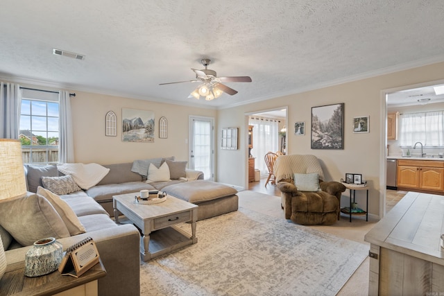 living area with ceiling fan, crown molding, and a textured ceiling