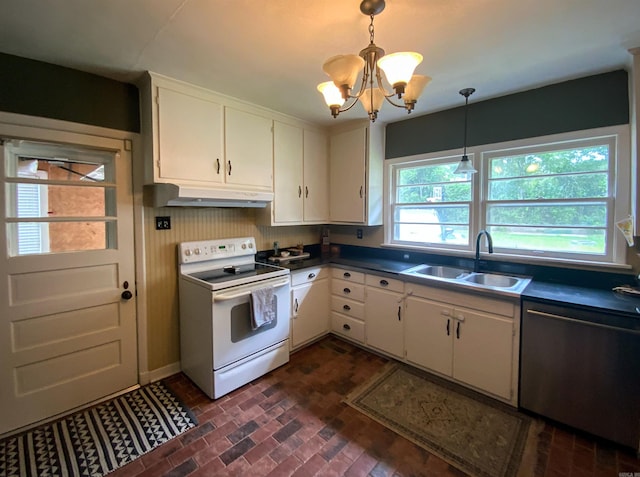 1400 Tulip Ave, Searcy, AR 72143 - kitchen with white range with electric cooktop, under cabinet range hood, dishwasher, a sink, and brick patterned flooring