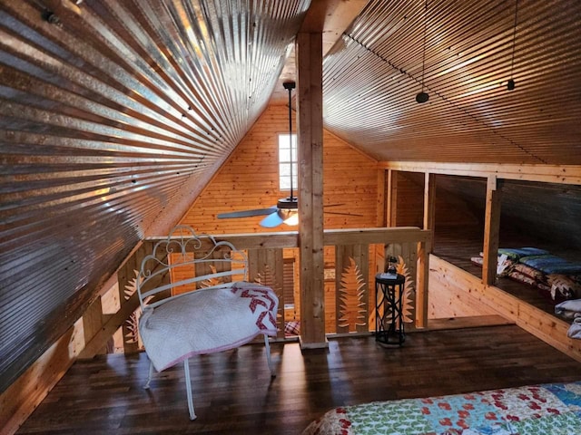 3227 Red Bluff Rd, Marshall, AR 72650 - bedroom featuring wooden walls, lofted ceiling, and wood finished floors