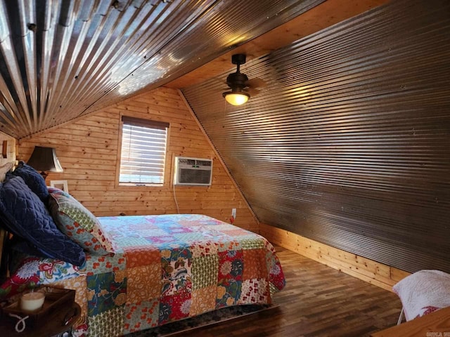 3227 Red Bluff Rd, Marshall, AR 72650 - bedroom featuring wood walls, a wall mounted air conditioner, wood finished floors, vaulted ceiling, and wooden ceiling