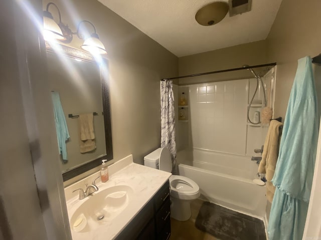 111 Dales Dr, Jacksonville, AR 72076 - bathroom featuring toilet, vanity, shower / bathtub combination with curtain, and a textured ceiling