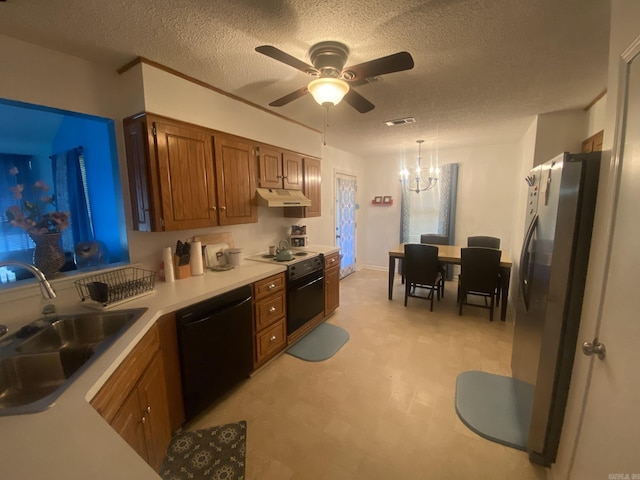 111 Dales Dr, Jacksonville, AR 72076 - kitchen with black appliances, a sink, under cabinet range hood, light floors, and ceiling fan