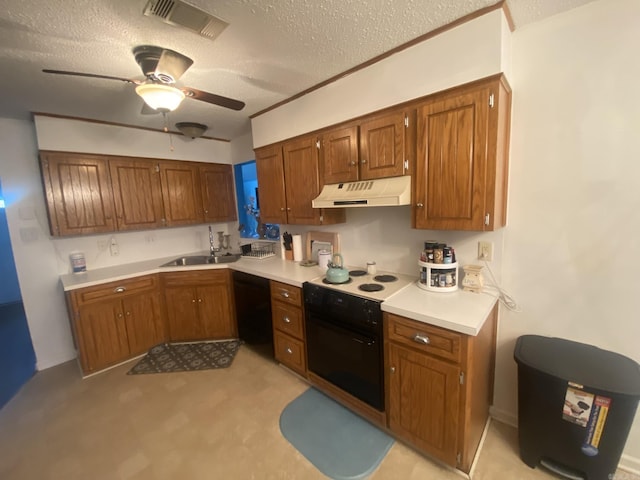 111 Dales Dr, Jacksonville, AR 72076 - kitchen with under cabinet range hood, black appliances, a textured ceiling, a ceiling fan, and a sink