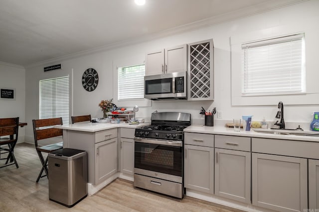 1626 Logan St, Arkadelphia, AR 71923 - kitchen featuring appliances with stainless steel finishes, a sink, ornamental molding, a peninsula, and light wood-type flooring
