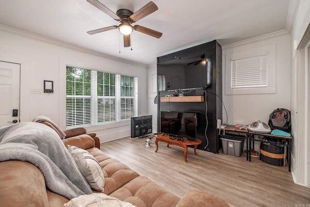 1626 Logan St, Arkadelphia, AR 71923 - living room featuring wood finished floors, ornamental molding, and a ceiling fan