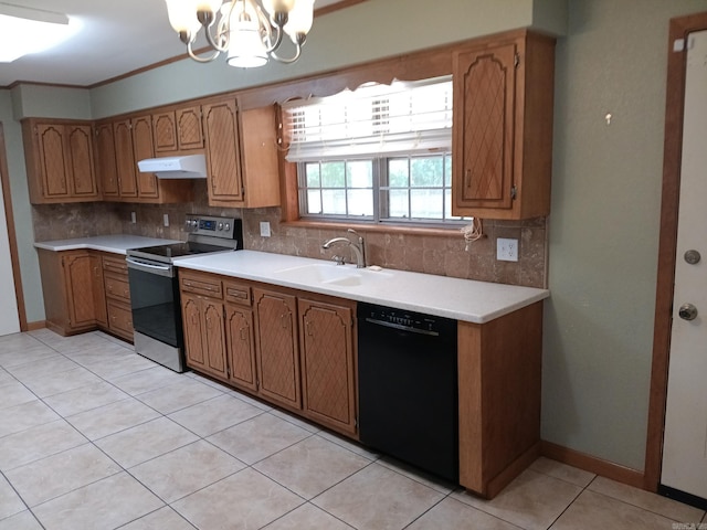 162 Cloverdale, Searcy, AR 72143 - kitchen with stainless steel electric range, dishwasher, under cabinet range hood, a sink, and decorative backsplash