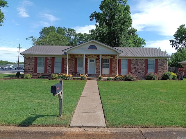 162 Cloverdale, Searcy, AR 72143 - ranch-style home featuring a front yard, covered porch, metal roof, and brick siding